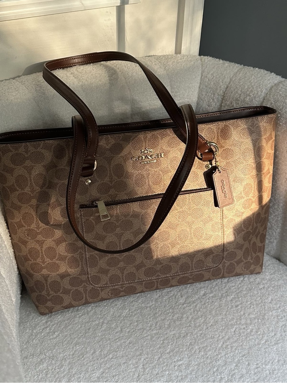 Coach Brown Signature Canvas Tote with Dark Brown Leather Trim